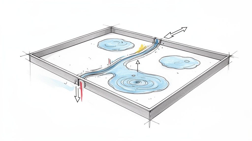 Architectural diagram of a square water management system with flow, ponds, and drainage.