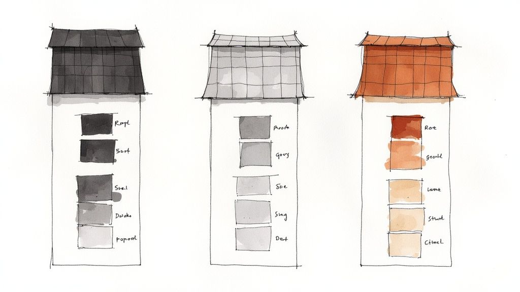 Watercolor sketch illustrating three building facades with various roof tile and wall color samples.
