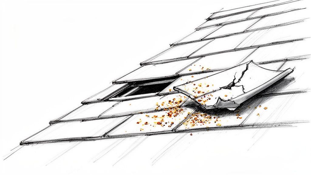 A detailed sketch of a roof showing a damaged, cracked shingle with debris scattered.