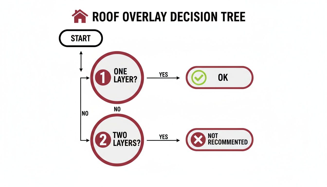 A decision tree illustrating that one roof layer is acceptable for overlay, while two layers are not recommended.
