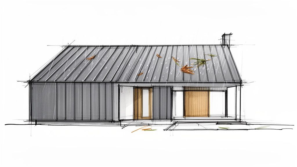 A hand-drawn architectural sketch of a modern house featuring a dark corrugated metal roof under rain.
