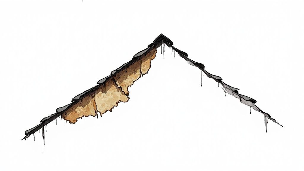 Watercolor illustration of damaged roof ridge showing deterioration and peeling shingles needing replacement