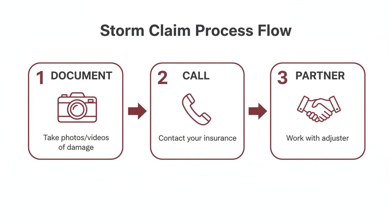 A clear, three-step storm claim process flow showing documentation, calling insurance, and working with an adjuster.