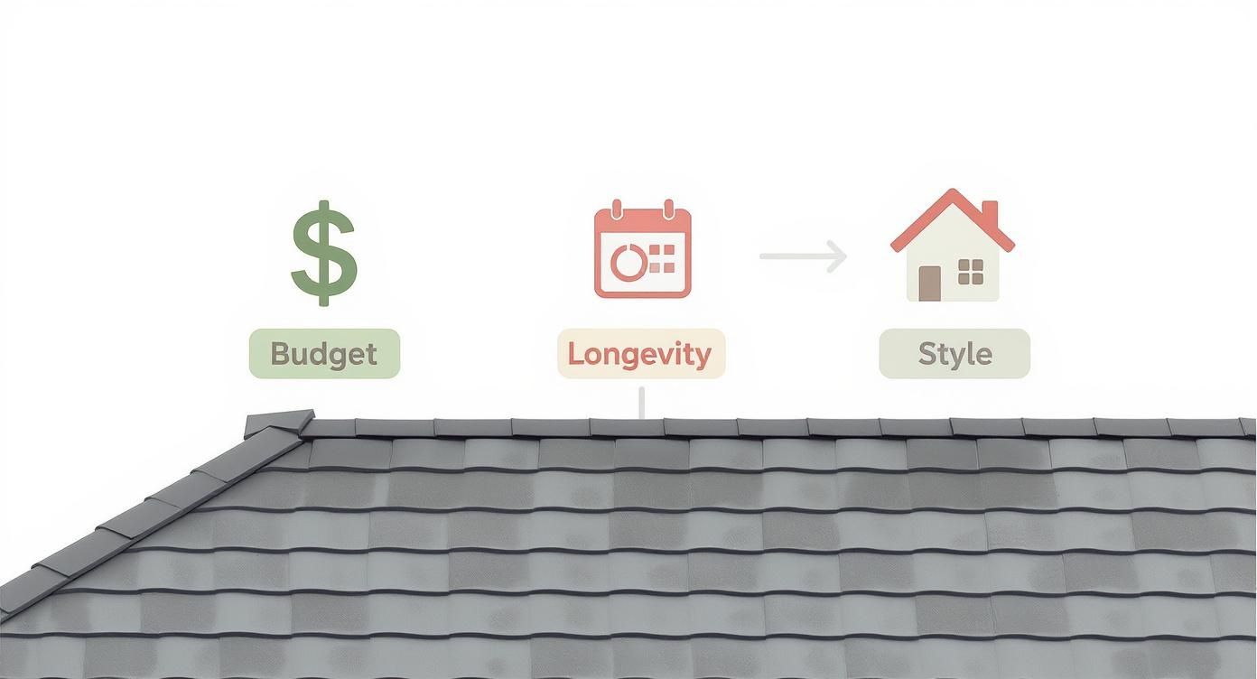 Infographic decision tree for choosing roofing materials based on priority: budget, longevity, or style.