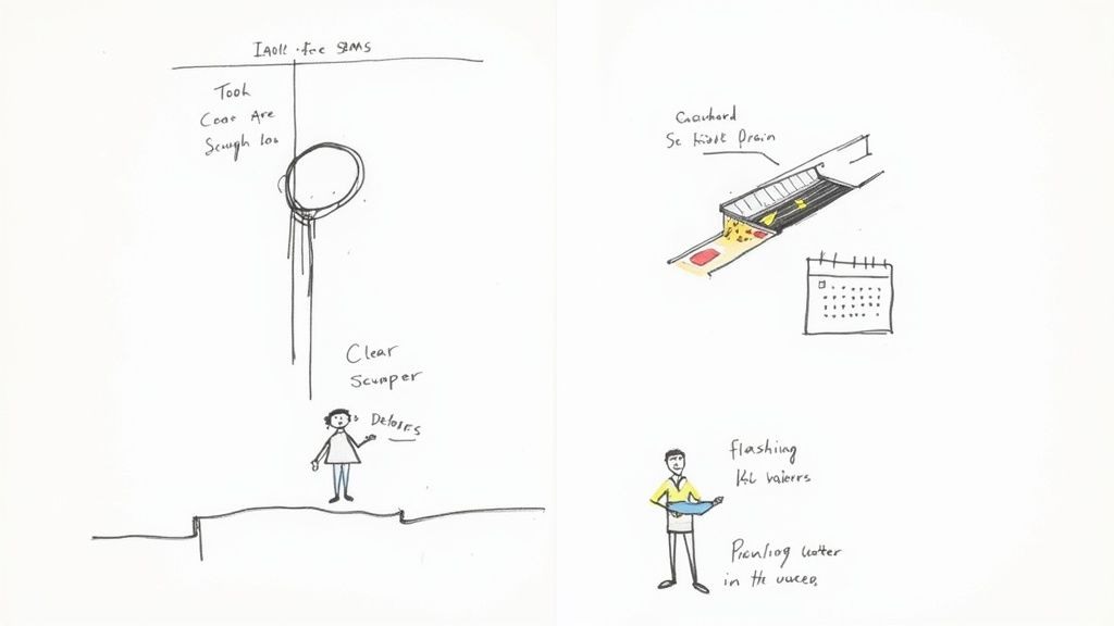 Hand-drawn architectural sketches detailing flat roof drainage systems, including scuppers, drains, and flashing components.
