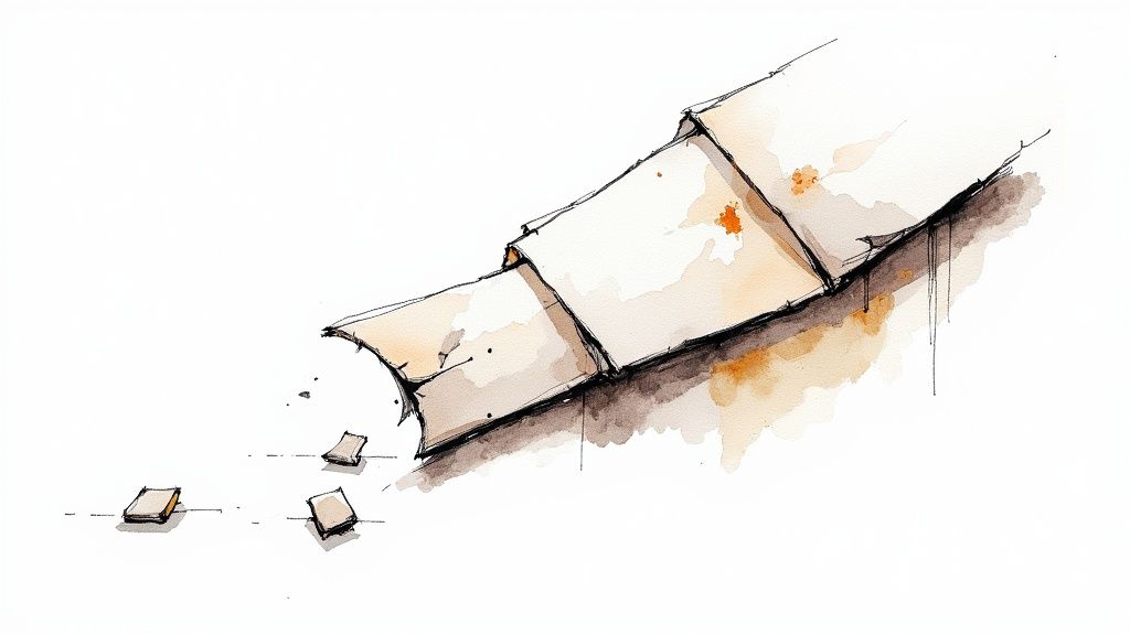 A close-up view of a roof with visibly missing and damaged dark gray asphalt shingles, exposing the underlying roofing material.