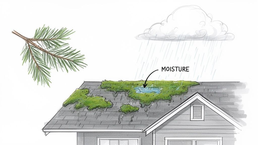 Illustration of a house roof covered in green moss, with rain and a visible puddle showing moisture.