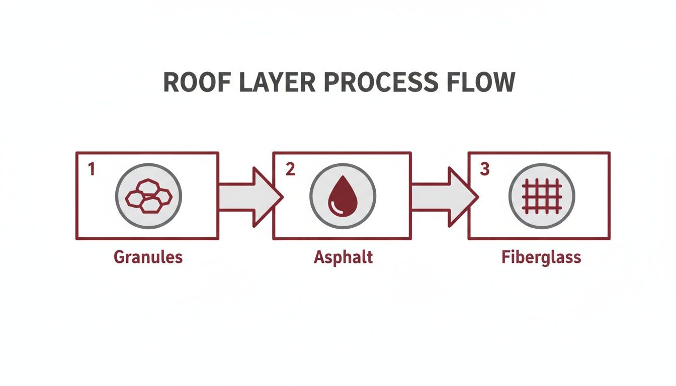 A process flow diagram illustrating the layers of a roof: granules, asphalt, and fiberglass.
