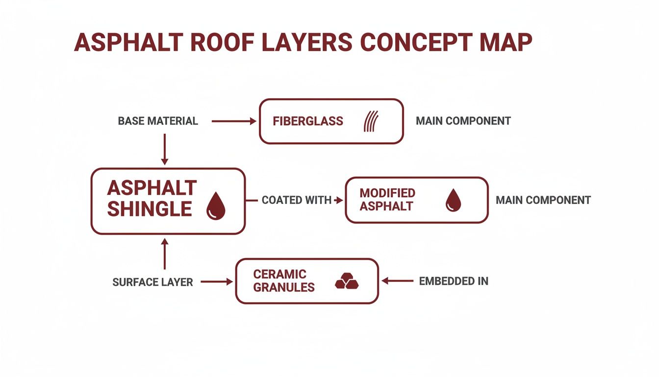 Concept map illustrating the components of an asphalt shingle: fiberglass base, modified asphalt coating, and ceramic granules surface.