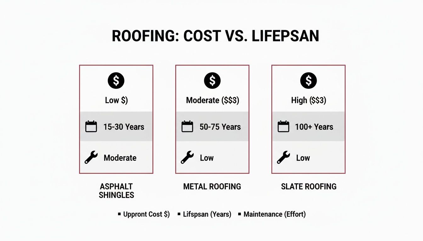 Infographic comparing asphalt shingles, metal, and slate roofing based on upfront cost, lifespan, and maintenance.