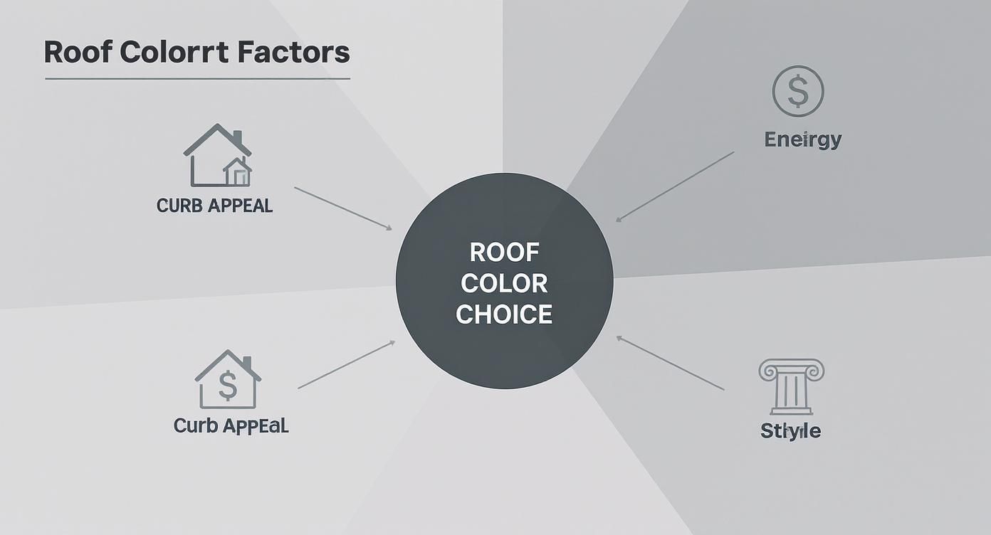 Diagram showing factors influencing roof color choice, including curb appeal, energy, and style.