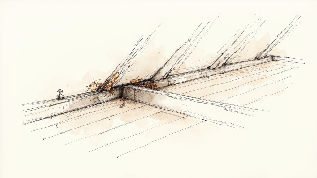 Architectural sketch showing damaged roof structure with rust and deterioration requiring replacement