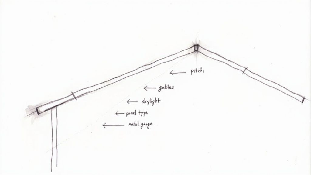 A hand-drawn sketch of a gabled roof structure with labels indicating pitch, gables, skylight, panel type, and metal gauge.