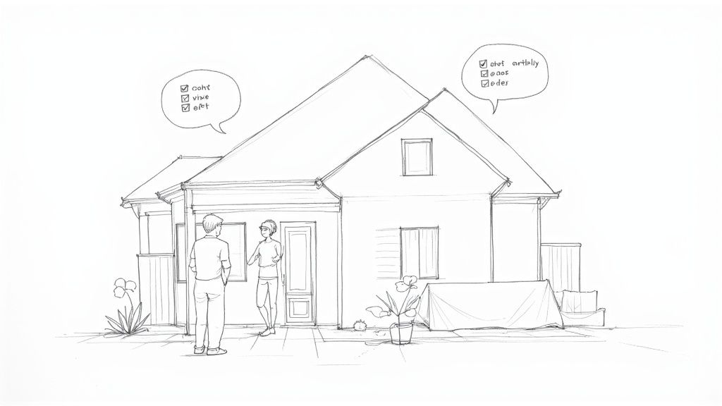 A homeowner and a roofing contractor discussing plans during a consultation.