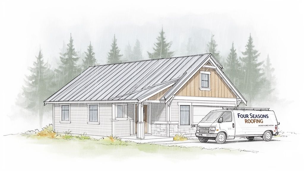 Sketch of a cozy house with a gray metal roof, showing a 'Four Seasons Roofing' van parked nearby in the rain.