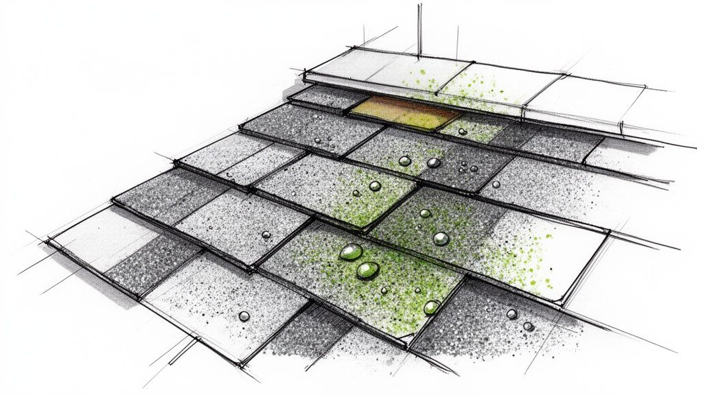 Detailed sketch of roof shingles with green moss, water droplets, and an exposed brown shingle.