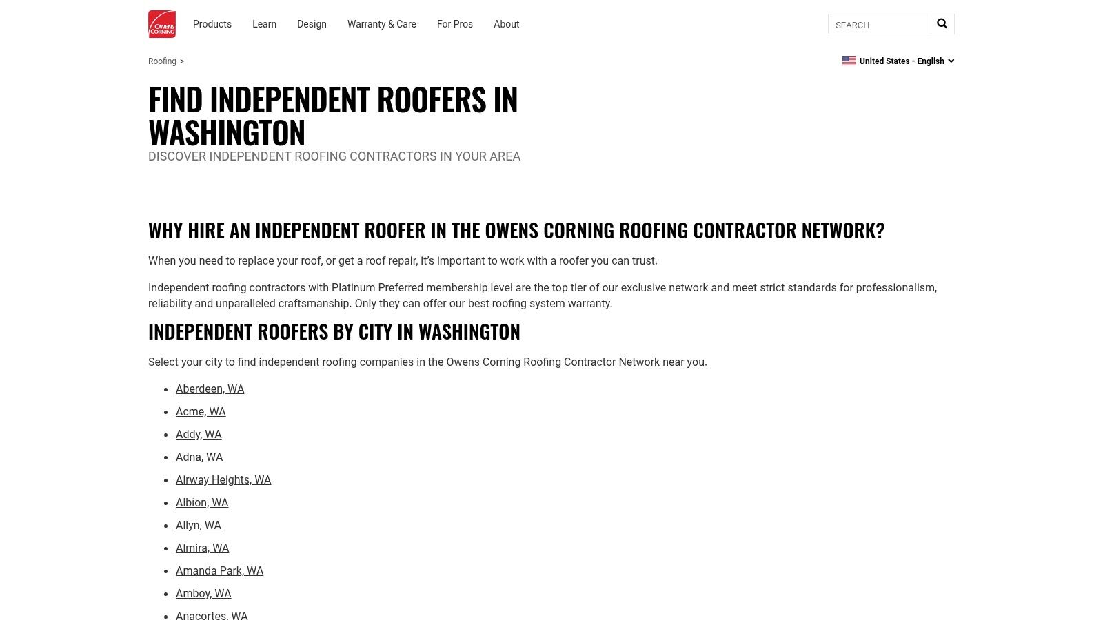 Owens Corning Roofing – Contractor Locator (Washington)