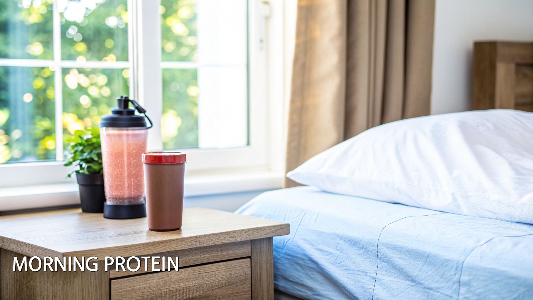 A person preparing a morning protein shake in a kitchen.