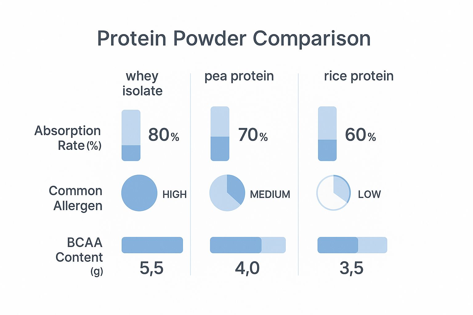 Infographic comparing absorption rates, allergen presence, and BCAA content of whey isolate, pea protein, and rice protein.