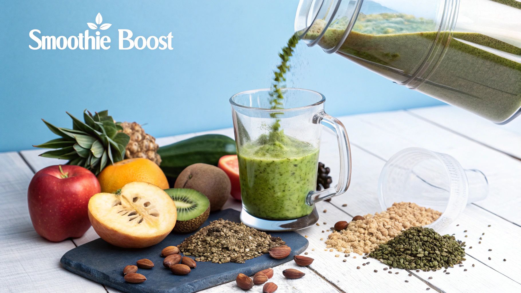Hemp seeds and powder on a wooden surface, highlighting the natural aspect