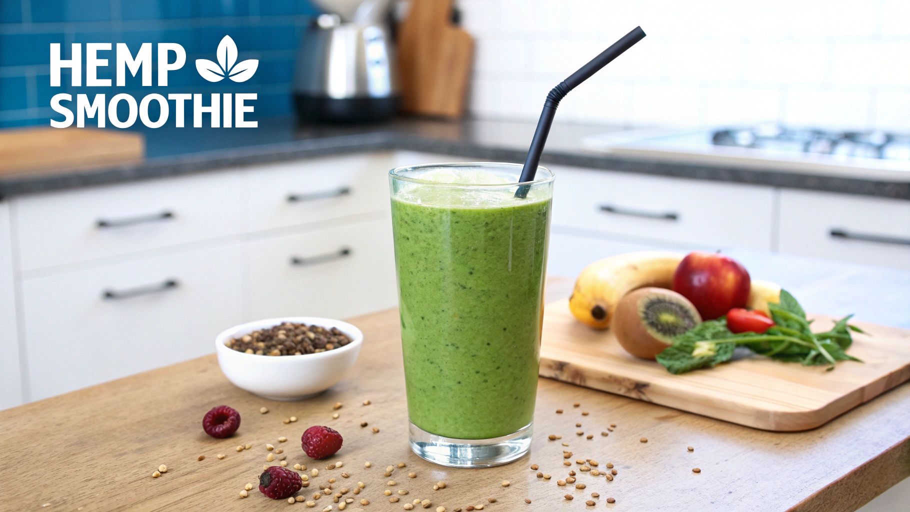 A glass of hemp protein smoothie surrounded by ingredients like hemp seeds, spinach, and blueberries.