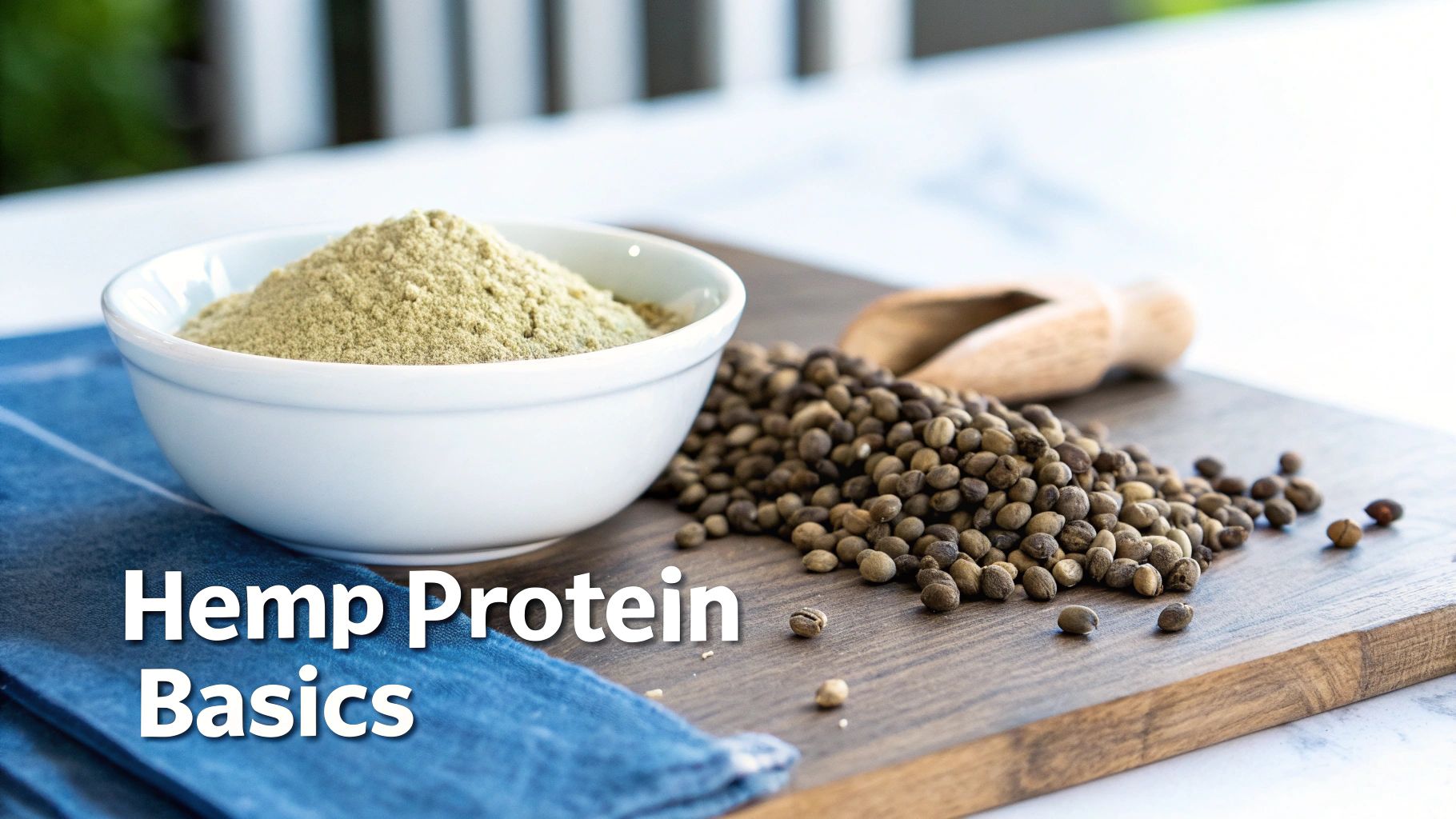 A scoop of hemp seed protein powder next to hemp seeds and a green smoothie