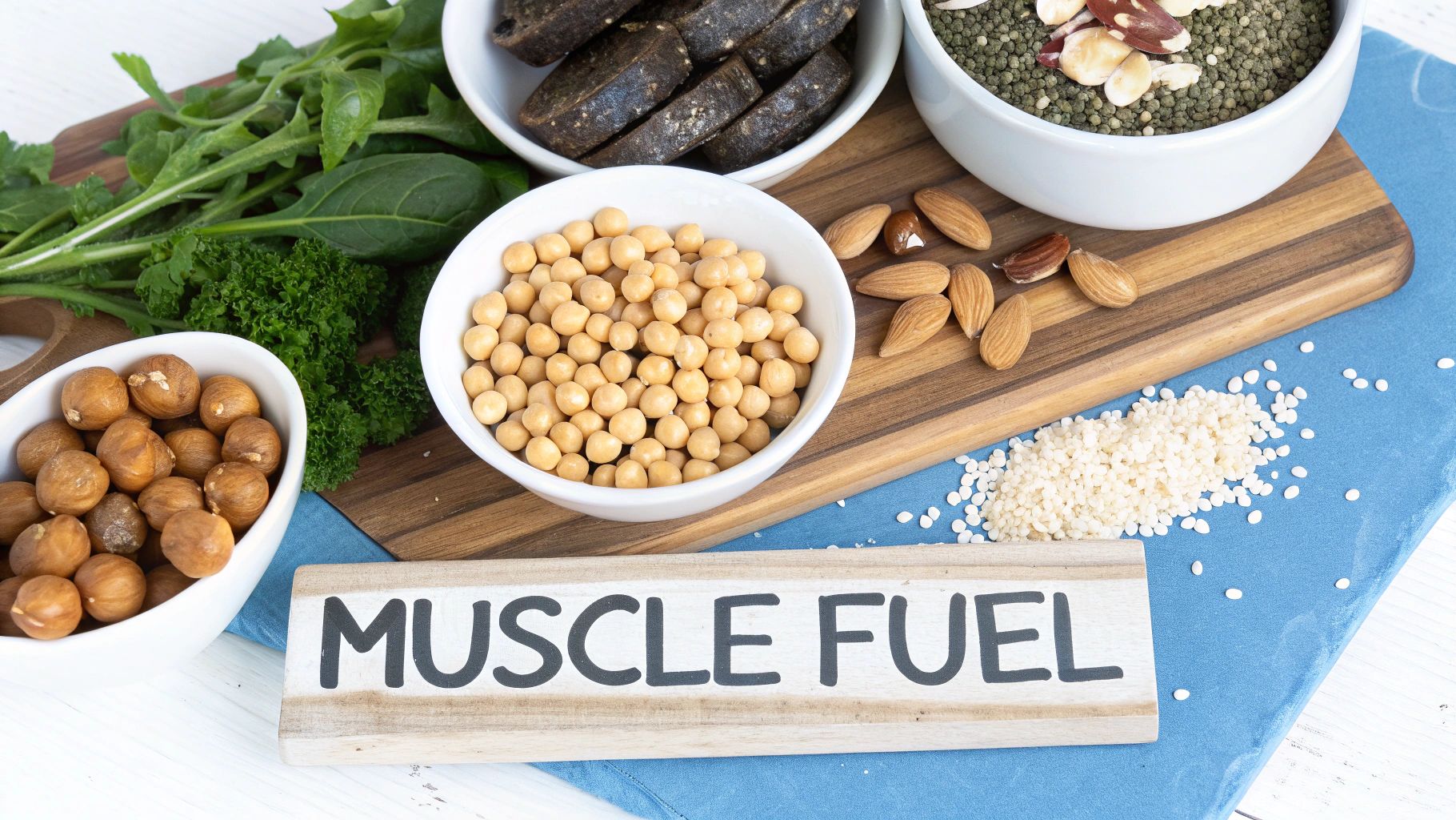 A plate with a balanced vegan meal for muscle gain
