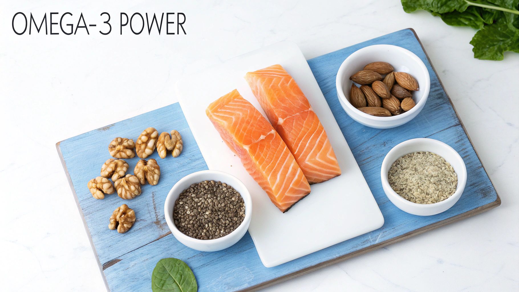 A variety of brain-healthy foods like fish, nuts, berries, and vegetables.
