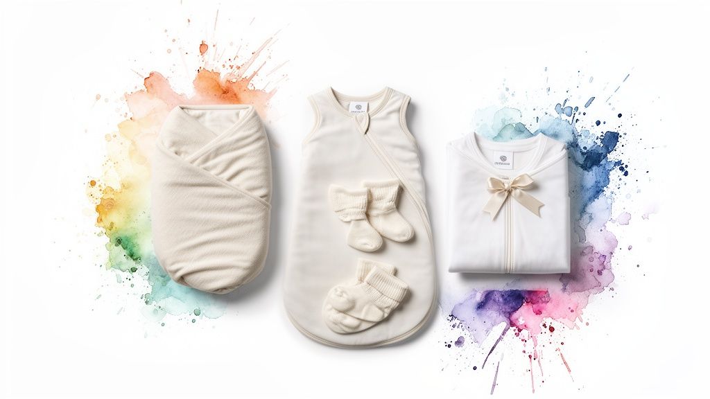 A collection of organic cream-colored baby essentials including a swaddle, sleeping bag, bodysuit, booties, and mittens on a watercolor background.