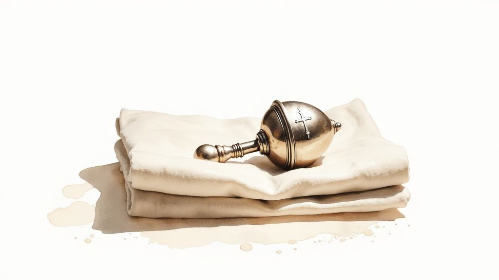 A polished metal religious rattle with a cross rests on folded white fabric with light brown stains.