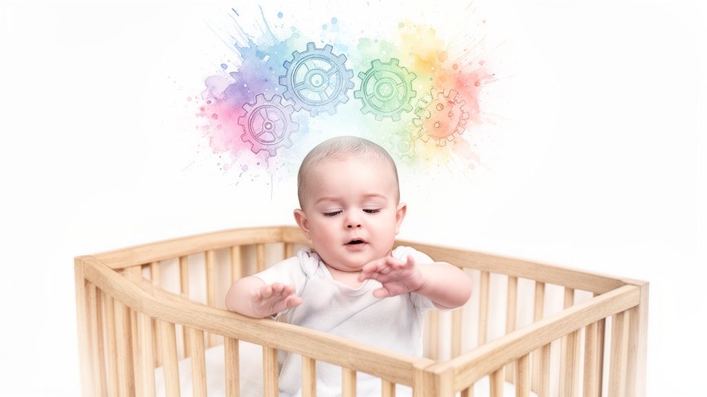 An infant in a wooden crib with colorful gears and paint splashes above its head, representing developing thoughts.