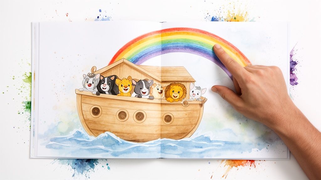 An open children's book displays Noah's Ark with cute animals and a colorful rainbow, a hand pointing.