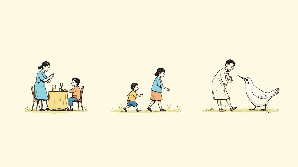 A family is praying together at the dinner table.