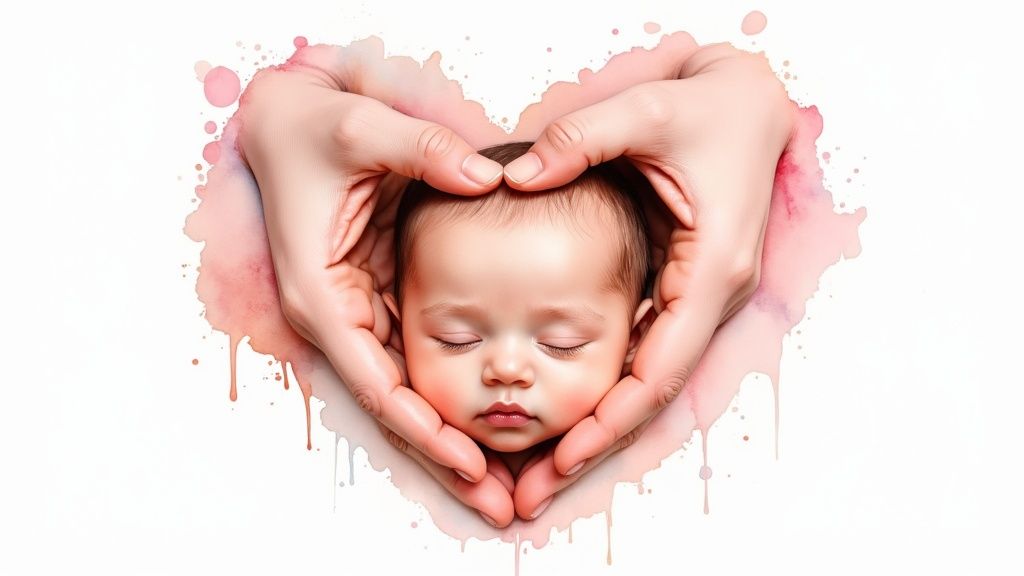 A newborn baby's head peacefully sleeps, gently cradled by adult hands forming a heart shape.