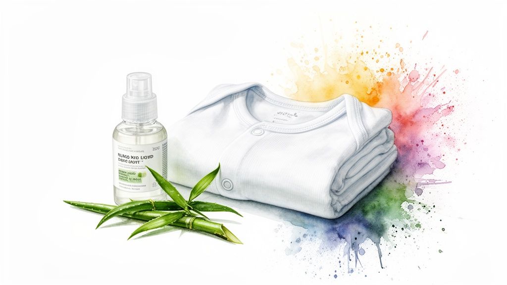 A bottle of natural fabric spray, bamboo, aloe vera, and a folded white baby onesie against a colorful splash.