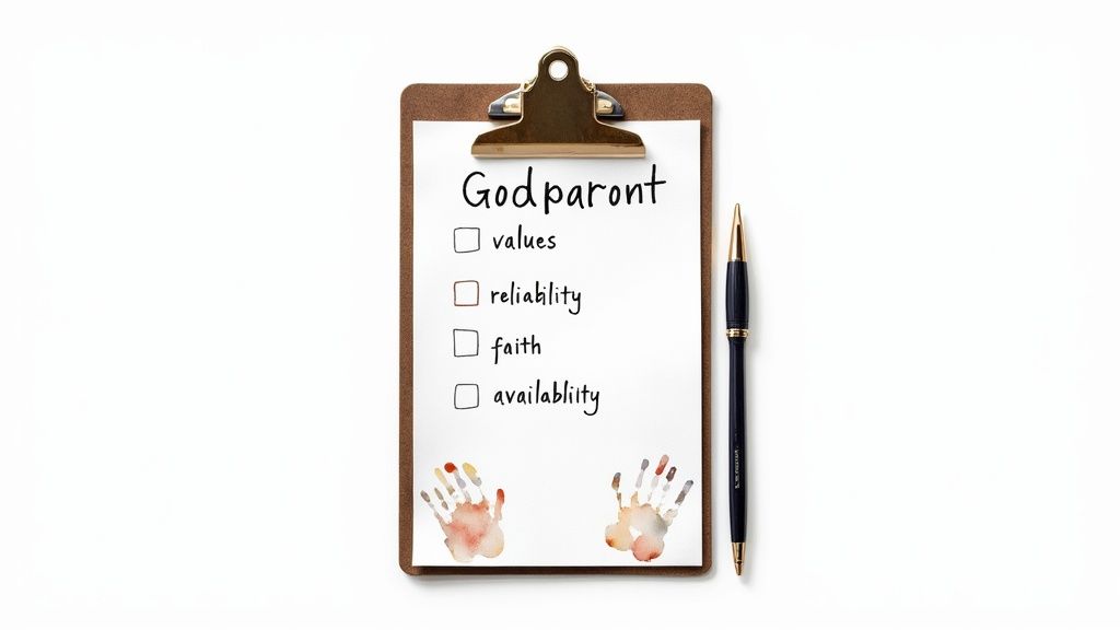 A checklist on a clipboard with a pen, set against a soft, baby-themed background.