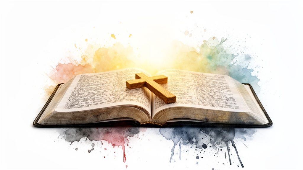 An open Bible with a wooden cross on its pages, surrounded by colorful watercolor splashes and light.