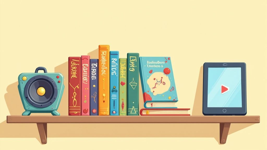 A toddler sits on the floor with an open, colorful children's book.