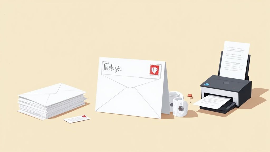 A stack of freshly printed 1st birthday thank you cards ready for mailing, with envelopes and stamps nearby.