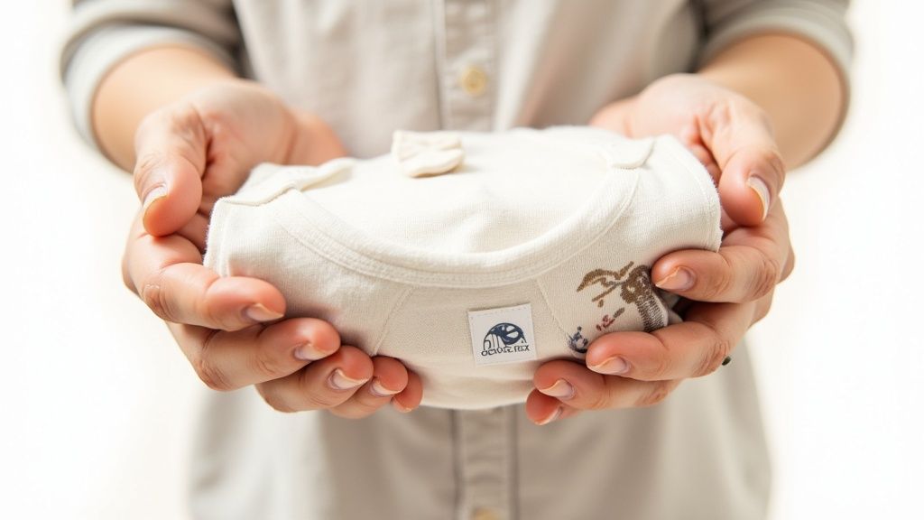 Close-up of hands holding a neatly folded light-colored baby garment with a small tag.