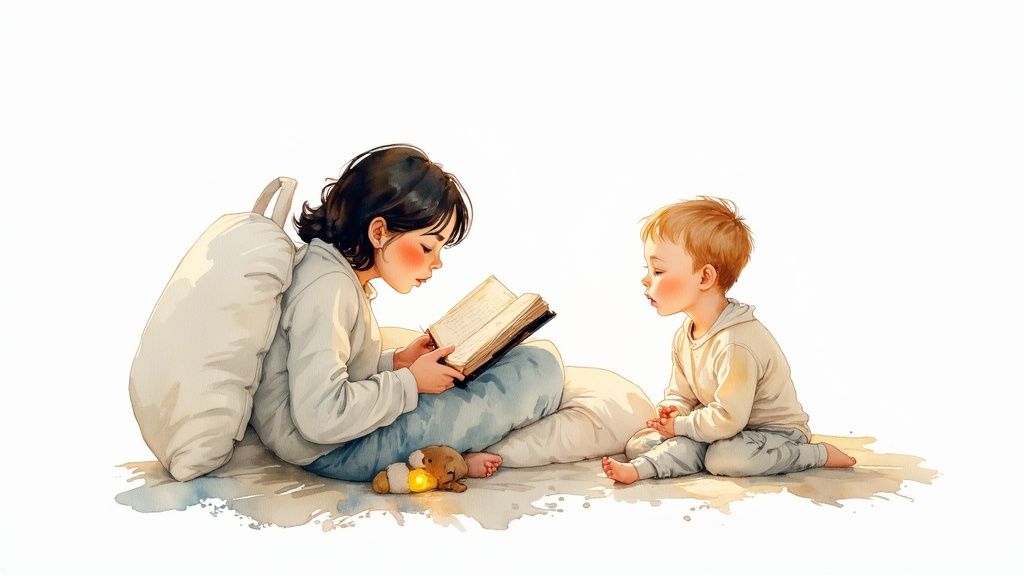 A watercolor illustration of a girl reading a book to a young boy, a glowing teddy bear nearby.
