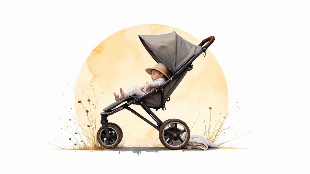 An adorable baby in a sun hat rests comfortably in a modern grey stroller against a warm, sun-like backdrop.