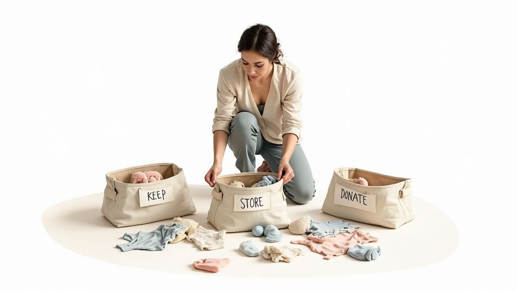 Woman sorts baby clothes into labeled 'Keep', 'Store', and 'Donate' bins.