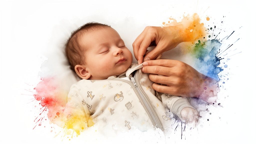 A sleeping baby in a patterned zip-up onesie, with hands zipping it up, surrounded by colorful watercolor splashes.