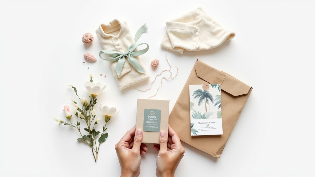 A flat lay of baby clothes, natural skincare, and gift packaging with flowers on a white background.