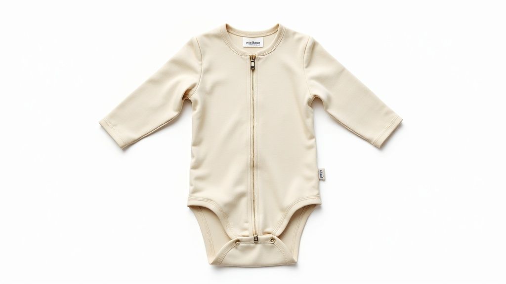 A baby wearing a safe, certified bamboo zipper onesie with a close-up on the zipper guard