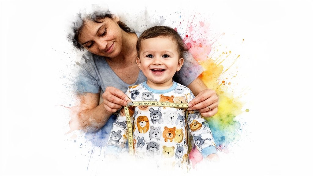 A smiling mother measures her happy baby wearing cute animal pajamas with a yellow measuring tape.