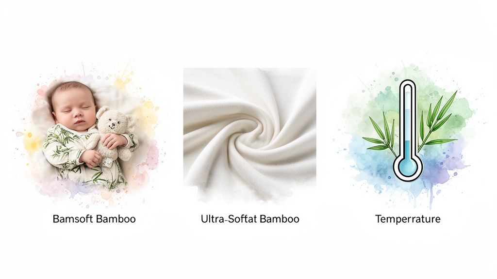 Sleeping baby in soft bamboo pajamas, luxurious bamboo fabric, and a temperature control icon with bamboo leaves.