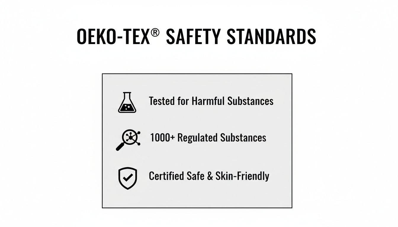 OEKO-TEX® Safety Standards certification details: tested for harmful substances, over 1000 regulated substances, certified safe and skin-friendly.