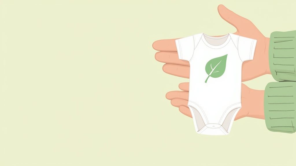 A smiling baby in soft, neutral-colored organic clothes.